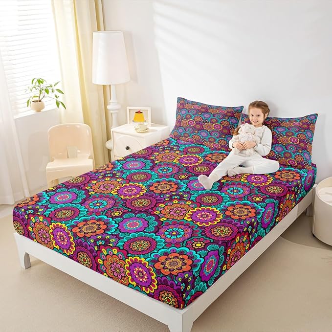 Bohemian Flowers Sheet Set Queen Size Watercolor Mandala Floral Boho Style Bedding Set for Kids Teens Women Room Decor Exotic Rustic Plant Luxury Deep Pocket Bed Sheet Set 2 Pillowcase,Polyester