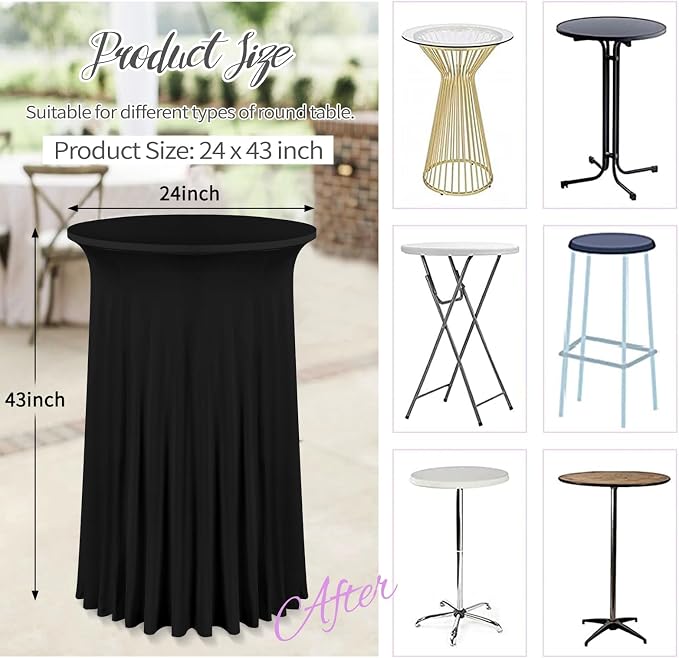 6 Packs 24"x 43" Round Cocktail Table Skirt, Spandex Fitted High Top Table Skirt, Spandex Stretch Cocktail Tablecloth for Wedding Party Bar Banquet Birthday Tables(Black)