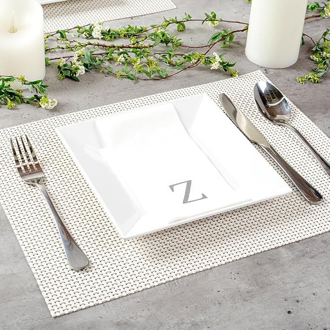 Luxenap 15.8 X 7.9 Inch Linen-Feel Guest Towels, 50 Lettered Hand Towels - Silver Letter 'Z', Sans Serif Font, White Paper Dinner Napkins, airlaid, For Restrooms And Tables - Restaurantware
