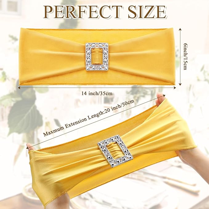 VitalCozy 100 Pcs Spandex Chair Sashes with Square Buckle Slider Stretch Chair Cover Band Universal Elastic Ties Straps Bows for Wedding Banquet Event Party Decoration(Gold)