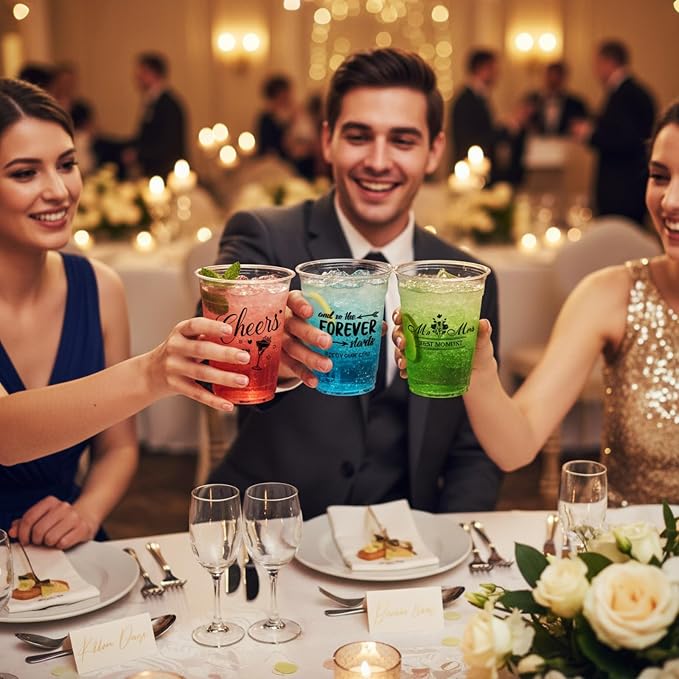 150 Pcs Wedding Plastic Cups Bulk 12oz Bridal Shower Cups Wedding Decorations for Reception Mr and Mrs Cheers to Love Bridal Party Supplies