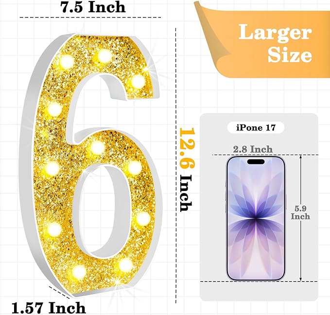 12.6 Inch LED Gold Marquee Light Up Numbers, 6th Birthday Decorations Number Lights as Gifts for Girls Boys, Glitter Lighted Marquee Numbers for Golden Anniversary Party Table Decor, 6