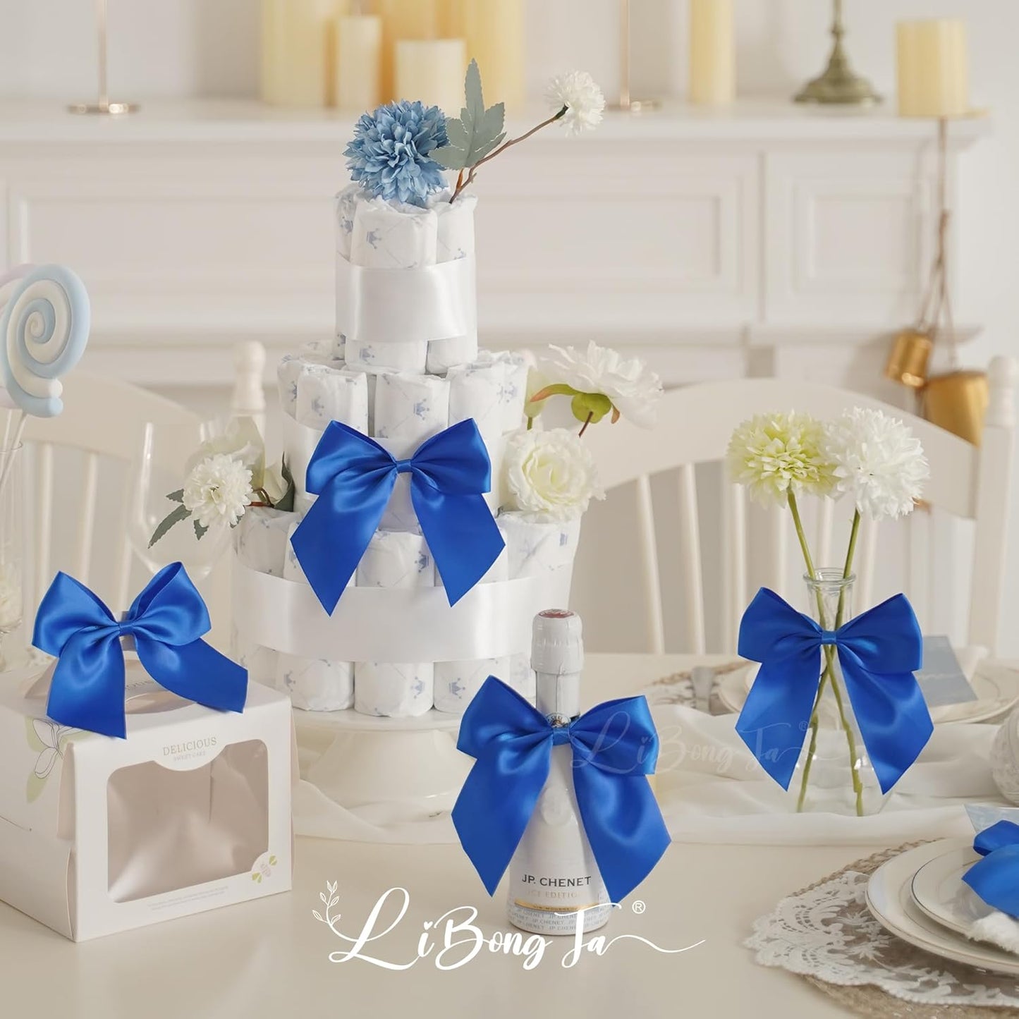 5'' Royal Blue Bow Party Decorations Satin Bows, Twist Tie Bows for Treat Bags, Cake Pops, Pre-tied Bow Premade Ribbon Bows for Crafts, Holiday Bows for Gift Wrapping, Wedding Decor-24 Counts