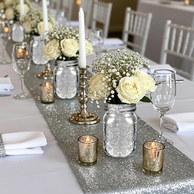 Layhit 6 Pcs Painted Mason Jars Colored Painted Mason Jars Centerpiece for Table with 6 Pcs 9.84 ft 30 LED Operated Fairy Lights for Wedding (Silver)