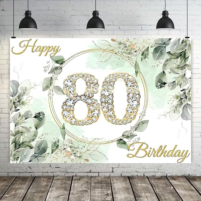 Greenery Eucalyptus Leaves 80th Birthday Backdrop Sage Green Succulent Birthday Decorations Gold Diamond Design Adult Women Men 80th Anniversary Birthday Wedding Banner (D, 8X6FT)