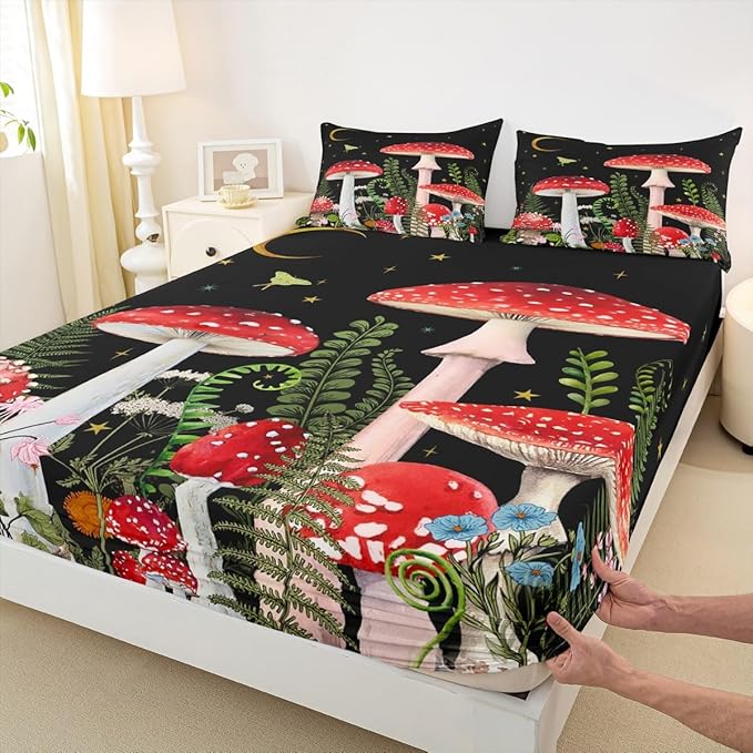 Castle Fairy Red Mushroom Bed Sheet Set for Kids,Magical Plant Snail Sheets Set,Jungle Botanical Home Decor Sheet Sets with Deep Pocket,Top Flat Sheet,1 Pillowcase,Twin Size