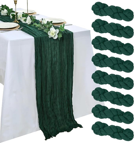 8 Pack Emerald Green Cheesecloth Table Runner 10ft Boho Gauze Fabric 120 Inch Cheese Cloth Table Runner Rustic Sheer for Holiday Baby Shower Party Décor Home Wedding Decoration