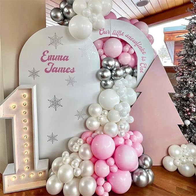 Pink and Silver Balloon Arch Kit, Pastel Pink and White Metallic Silver Different Size Latex Balloon Garland for Girls Women Birthday Baby Bridal Shower Wedding Princess Theme Party Decorations