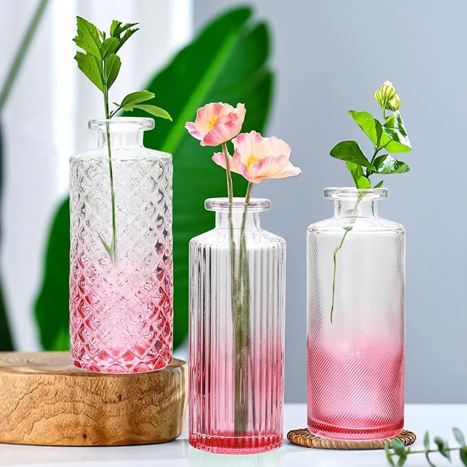 Glass Bud Vase Set in Bulk, 9pcs Mini Vintage Flower Vases for Wedding,Pink Relief Vase for Centerpieces,Home Table Flower Decor, Party Decorations