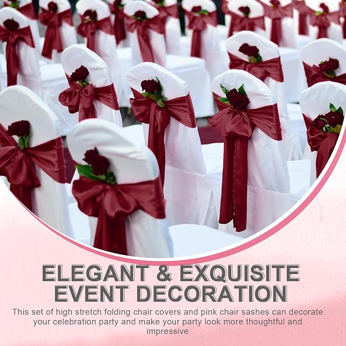 Lounsweer 50 Pcs Folding Chair Cover Set with 25 Stretch Spandex Slipcovers 25 Satin Chair Sashes Bows Ribbon Washable Banquet Protector for Wedding Event Party(White, Wine Red)
