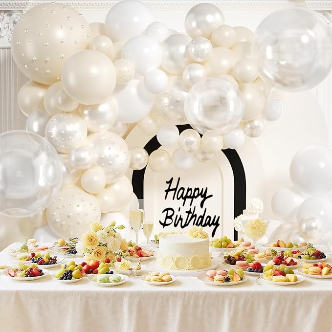 Pearl Balloon Arch Kit 210Pcs White Balloon Arch Garland Kit with Pearl Stickers Clear Balloons for Wedding Birthday Bridal Shower Engagement Baby Shower Party Decorations