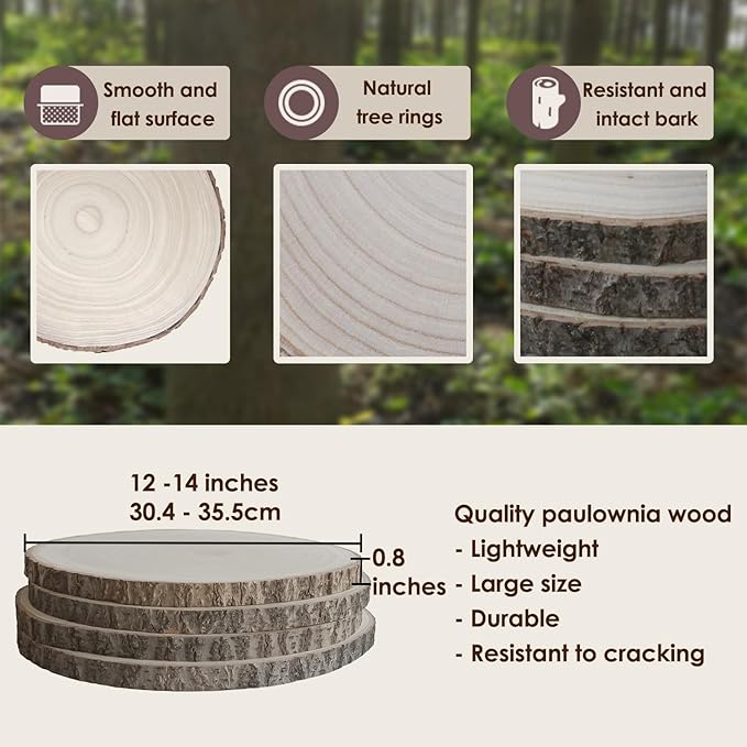 4Pcs 12-14Inch Natural Large Wood Slices for Centerpieces for Tables, Rustic Wooden Slabs, Rounds DIY Craft, Wedding Party Décor, Unfinished Wood Discs (4pcs X-Large (12"-14"))