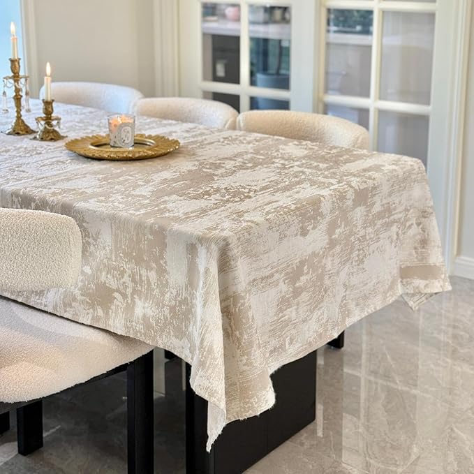 Rectangle Beige Tablecloth 60 x 156 Inch, Spillproof Waterproof Table Cloth, Polyester Cotton Decorative Fabric Table Cover for Dining, Party, Wedding, Kitchen - Beige