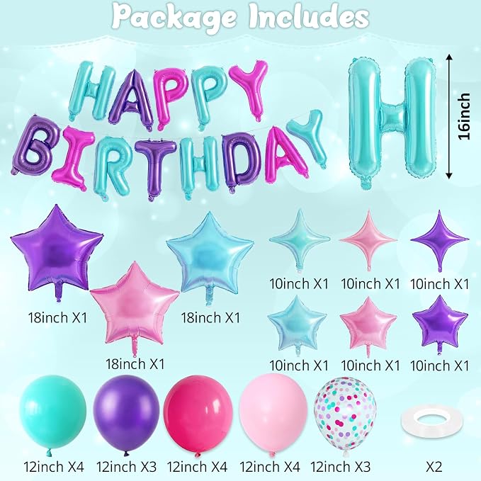 Pink Purple Blue Birthday Decorations Hot Light Pink Metallic Purple Teal Confetti Balloon Happy Birthday Banner Heart Foil Balloons 18/10 Inch Star Balloons for Girls Boys Bday Mermaid Party