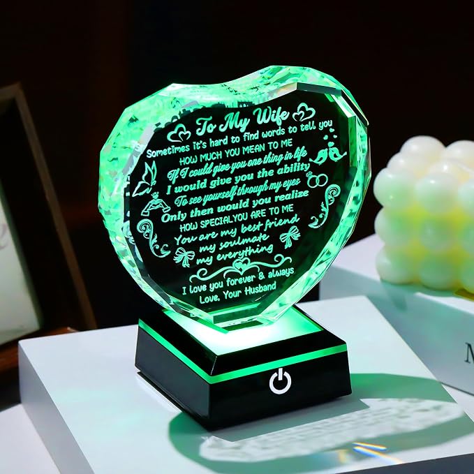 Arikyrist Romantic Gifts for Wife Heart Crystal Keepsakes to My Wife with LED Base Anniversary Birthday Gifts for Wife Her from Husband