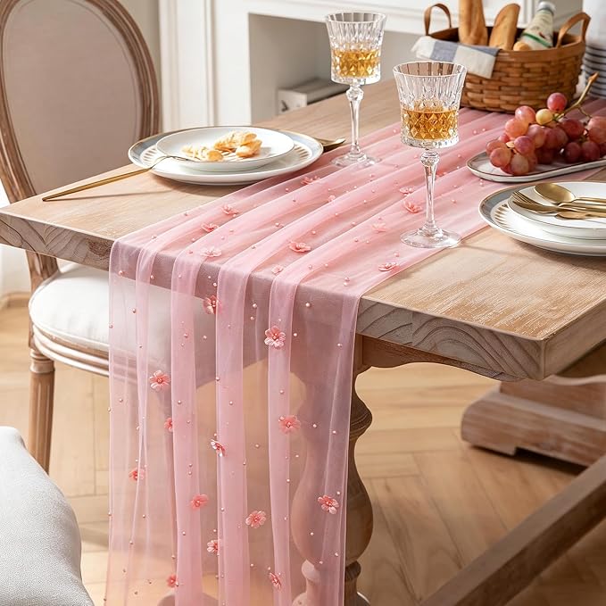 BINBE 4pcs Flower Pearl Table Runner Spring Summer Rustic Boho 10ft Tulle Table Runner for Baby Shower Wedding Veil Holiday Dessert Table Decor Pink