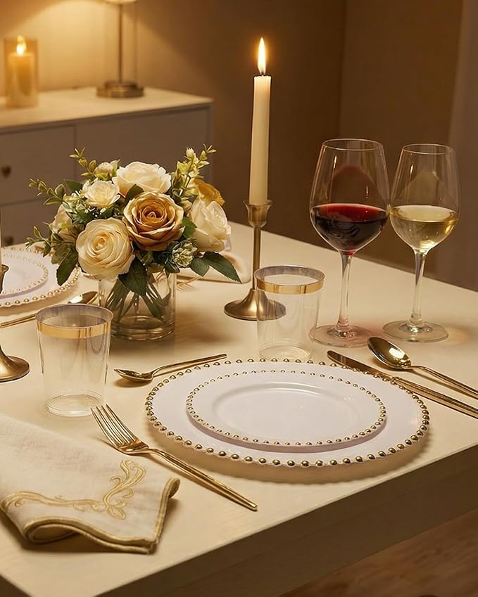 supernal 180Pcs White and Gold Dinnerware Set,Premium Heavy Duty White Plastic Plates with Gold Beads,White Disposable Plates with Plastic Silverware and 10oz Cups for Wedding/Party/Valentine's Day