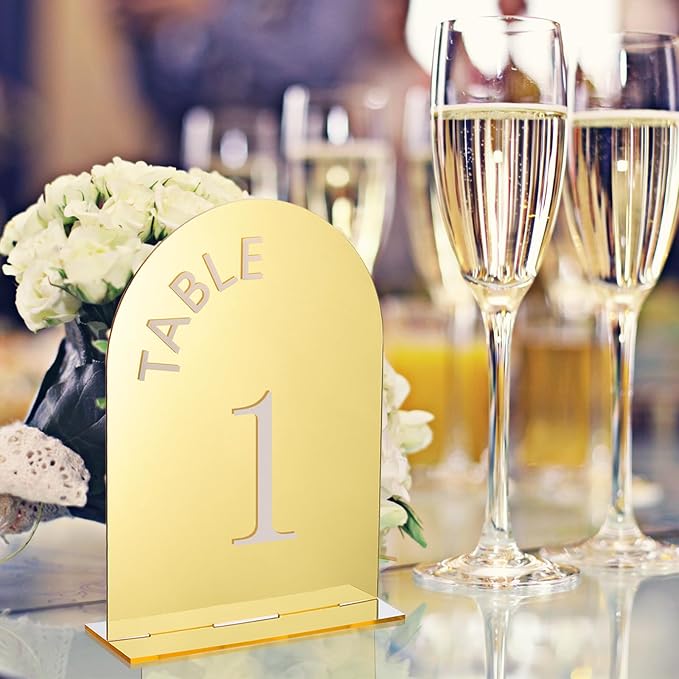 uxcell 30pcs 4.8 x 7 Inch Gold Arch Acrylic Sign with Stand, Acrylic Arch Table Number Holders for Wedding Table Centerpiece Decoration（Number 1-30）