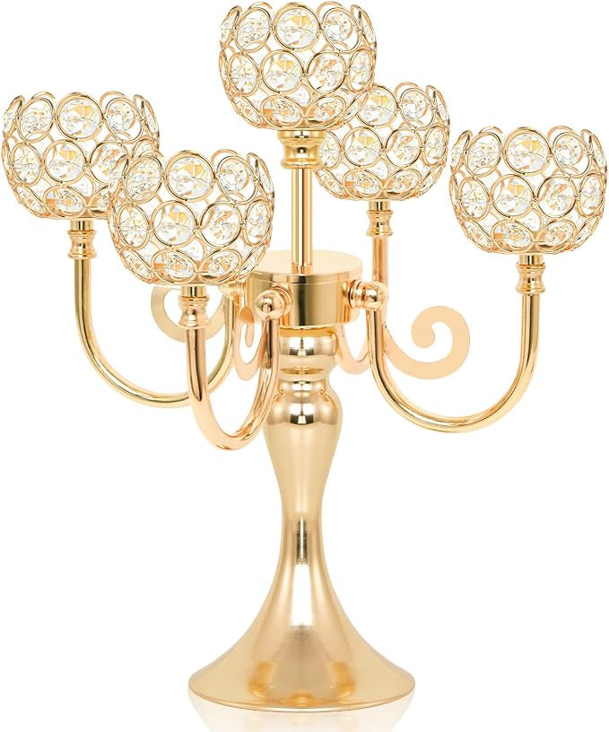 5 Arm Metal Crystal Candelabra Centerpiece - 13.4 Inch Elegant Candle Holder with Crystal Beads for Wedding Party Christmas Home Dining Table Decoration (1, Gold)