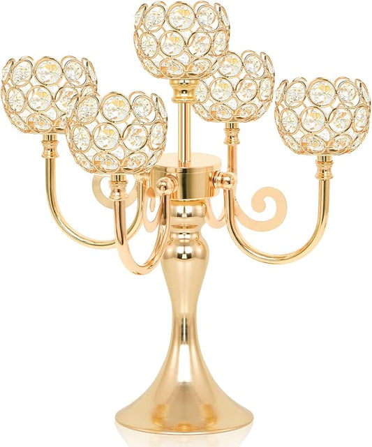 5 Arm Metal Crystal Candelabra Centerpiece - 13.4 Inch Elegant Candle Holder with Crystal Beads for Wedding Party Christmas Home Dining Table Decoration (1, Gold)
