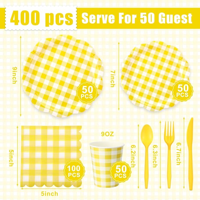 Funnymoom 400 Pcs Gingham Party Supplies for 50 Guests Yellow and White Paper Plates and Napkins Knives Spoon Fork Cup Disposable Checkered Dinner Party Set Cutlery for Baby Shower Wedding Favor