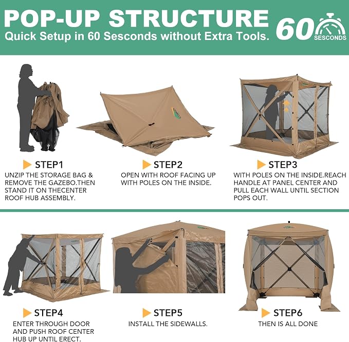 COBIZI 6x6 FT Pop up Gazebo, Popup Canopy Tent, Screened in Gazebos with sidewalls, Waterproof Portable Outdoor Small Screen Tents Sun Shelter,carpas para Patio for Camping, Garden and Backyard,Khaki