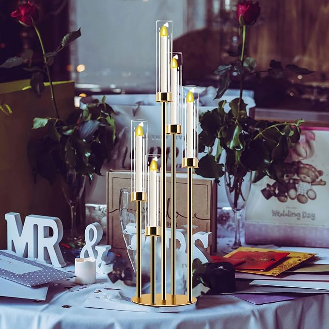 Candelabra Gold Centerpiece 5 Arms Taper Candle Holder Gold Centerpiece with Acrylic Tubes for Table Decoration Wedding Event Party Aisle Stage Home Decor (2, M)