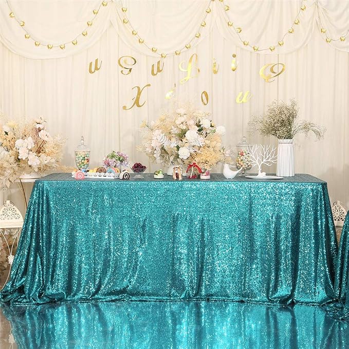 Eternal Beauty Teal Tablecloth, 60x102 Inch Sequin Rectangle Table Cover for Cake Dessert Exhibition Party Birthday Events