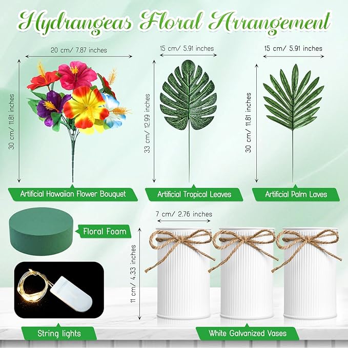 XunYee 6 Sets Hawaiian Party Table Centerpiece Decorations, Tropical Artificial Hibiscus Flowers with LED String Lights, Palm Leaves and Metal Vases for Luau, Tiki, BBQ Summer Beach Party Table Decor