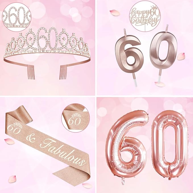 60th Birthday Decorations for Women, Include 60th Birthday Sash and Tiara, Cake Topper and Candles, Number Balloons, 60 Year Old Gifts Women