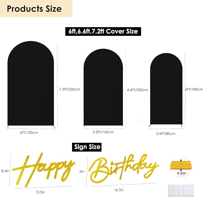 HAINARverS 6FT//6.6FT7.2FT Black Arch Backdrop Cover Spandex with Glitter Gold Happy Birthday Sign for Wedding Birthday Party Ceremony Banquet Decoration(Black)
