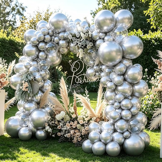 Metallic Silver Balloons, 98PCS Chrome Silver Balloon Garland Arch Kit, 18/12/10/5 Inch Different Sizes for Birthday Baby Shower Graduation Party Decorations