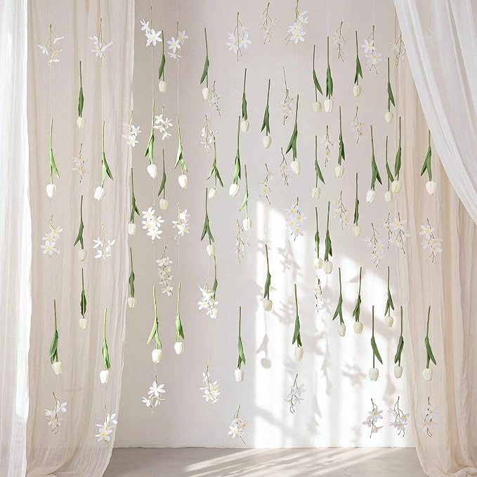 6 Pcs 35.4ft Artificial Tulips Hanging Flower Garlands with Hooks, Spring Faux Tulip and Wildflower Ceiling Vines, White Floral Backdrop for Wedding Party Home Wall Arch Decor
