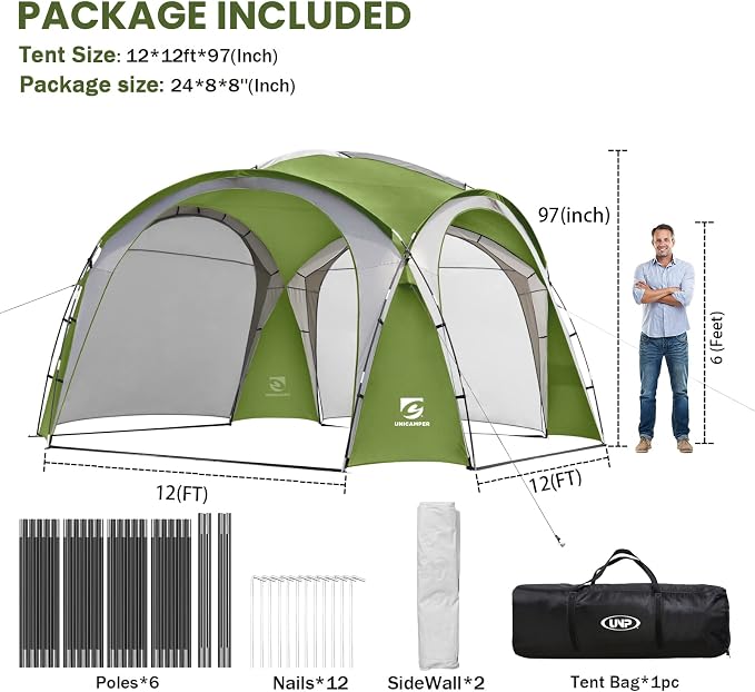 UNICAMPER Beach Tent 12 X 12ft Large UPF50+ Pop Up Canopy with 2-Pcs Side Wall, Sun Shelter Rainproof, Waterproof for Camping Trips, Backyard Fun, Fishing, Parties, Or Picnics(Green)