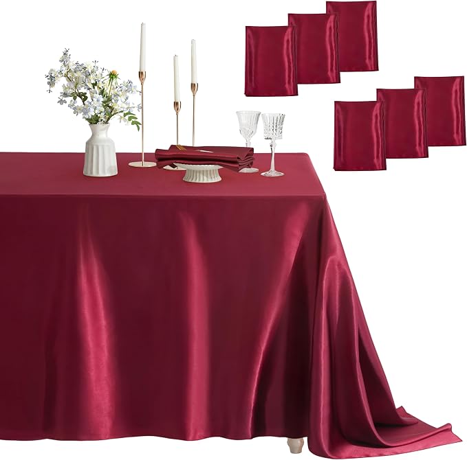 6 Pack Satin Table Cover Rectangle Silkly Soft Table Cloth, Satin Dining Table Cloths for Wedding Banquet Table Decoration, Dining Room, Indoor and Outdoor Use, 60 x 84 Inches, Burgundy