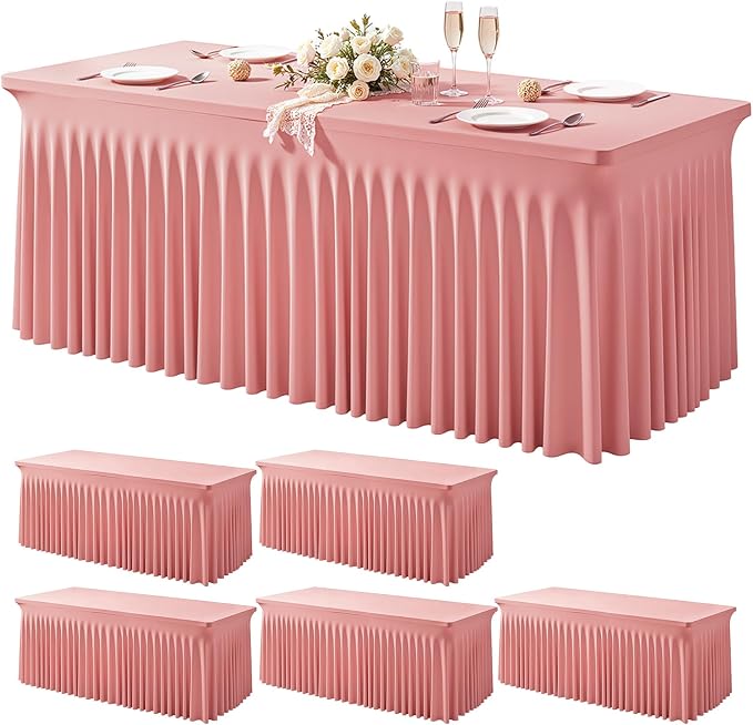 Wish Care 6 Pack Dusty Rose Spandex Table Clothes for 6 Foot Rectangle Tables, 6FT Wrinkle Free Fitted Tablecloths Ruffles Design Table Cloth for Party, Banquet, Wedding and Events