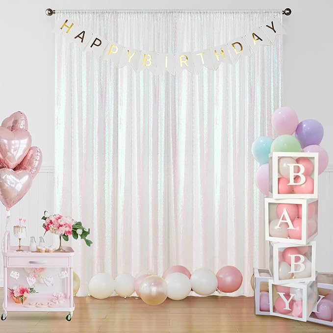 Sugargirl White Iridescent Sequin Backdrop Curtain 4FTx8FT Glitter White Iridescent Background Drapes Sparkle Photography Backdrop for Party Wedding Birthday Wall Decoration(2 Panels)
