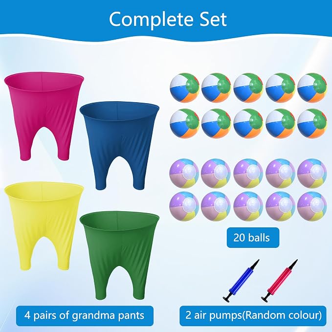 4 Pcs Granny Pants Yard Game Sets - Outdoor Party Game for Adults with 20 Bouncy Balls & 2 Cones, Giant Stretchy Pants Outdoor Toss Game Set for Backyard, Family Reunion & Field Day Fun