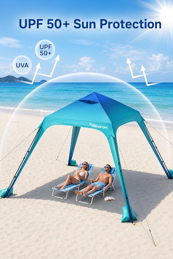 Slsy Beach Tent 10 x 10 FT, Beach Shelter with Removable Side Wall, UPF 50+ Canopy Cabana for Sun Protection, Easy Setup Shade with Sandbags, Stakes & Guy Lines, Wind Resistant, Fits 6-8 People
