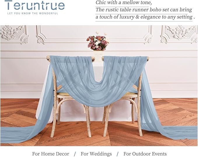 Teruntrue 24 Packs Dusty Blue Cheesecloth Table Runner,10ft Rustic Gauze Boho Wedding Table Runner Decoration, Wedding Table Decor Sheer Table Runner for Wedding Party Bridal Shower Table