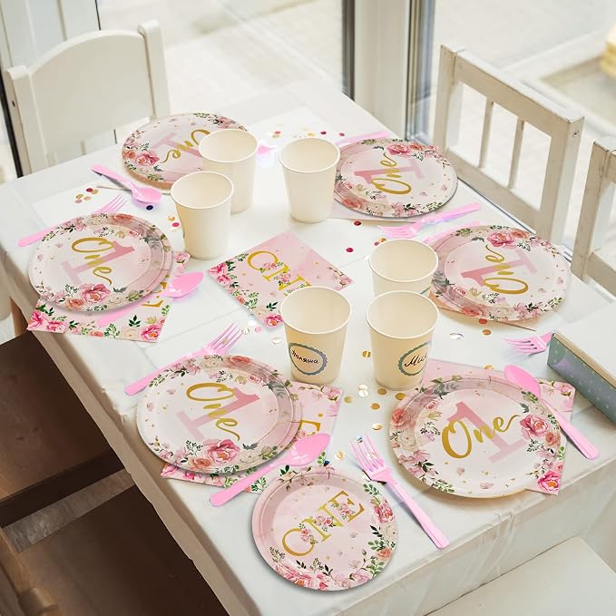 96Pcs 1st Birthday Party Supplies - Girls' One Year Tableware with Floral Birthday Plates, Napkins, Dinnerware, Decorations & Favors for Baby Shower, Serves 24