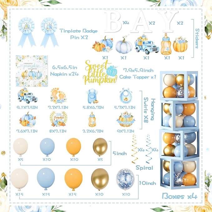 249pcs Little Pumpkin Baby Shower Decorations for Boy,A Sweet Little Pumpkin is On the Way Baby Shower,Blue Pumpkin Floral Balloons Plates Boxes Tablecloth for Fall Thanksgiving Autumn Party Decor