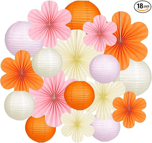 Pink and Orange Party Decorations Paper Lanterns Flower Fans for Spring Baby Shower Birthday Bridal Shower Mothers Day Classroom or Garden Party Decor Set of 18