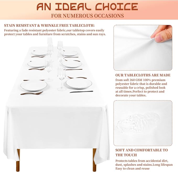 Showgeous 12 Pack White Rectangle Tablecloths, 60 x 102 Inch, Polyester, Wrinkle Resistant, Machine Washable, Perfect for 6ft Tables, Wedding, Birthday Parties