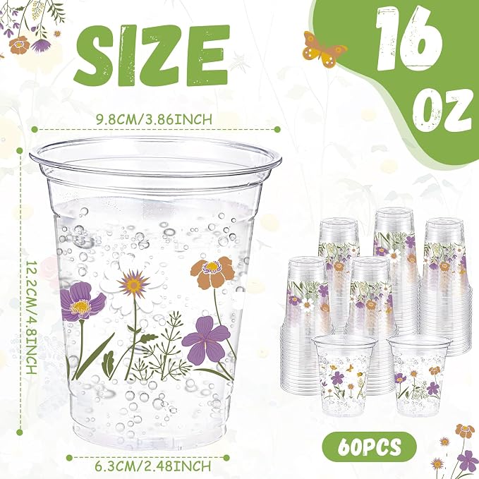 Hushee Purple Boho Floral 60 Pcs Party Cups 16 oz Plastic Disposable Drinking Cups for Birthday Love Baby in Bloom Baby Shower Summer Fresh off The Market Bridal Shower Decorations Supplies