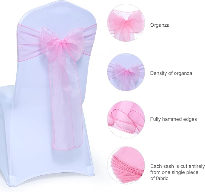 MDS® Pack of 200 Organza Chair Sashes for Wedding Decoration, Reusable Sheer Chair Bows for Banquet Chair Cover, Reception, Bridal Shower, Baby Shower, Birthday Party & Special Events - Blush Pink