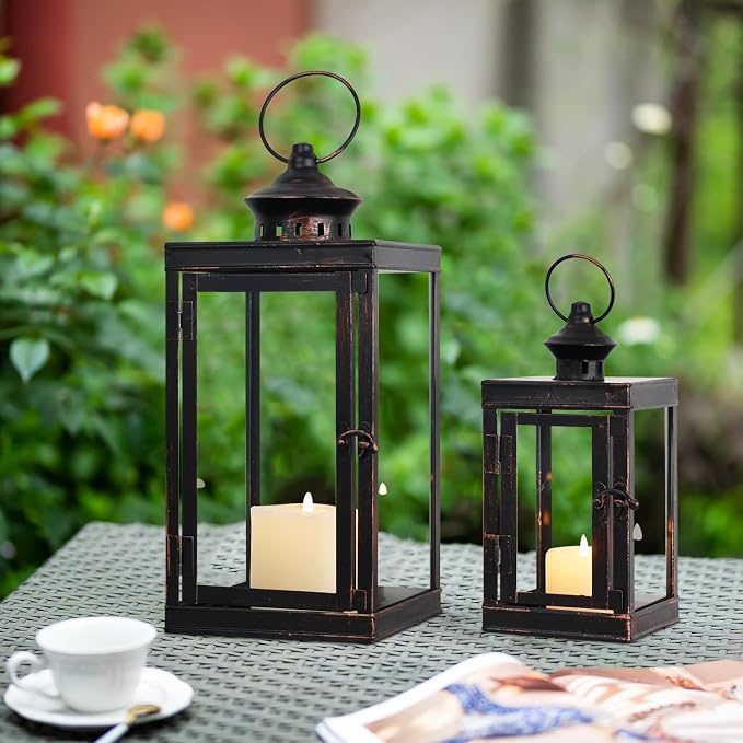 Large Lantern Decorative Outdoor & Indoor, Set of 2 (14’’&10’’) Metal Candle Lanterns Decor, Vintage Hanging Candle Holder for Front Porch Patio Wedding Farmhouse Home, Spring Decoration