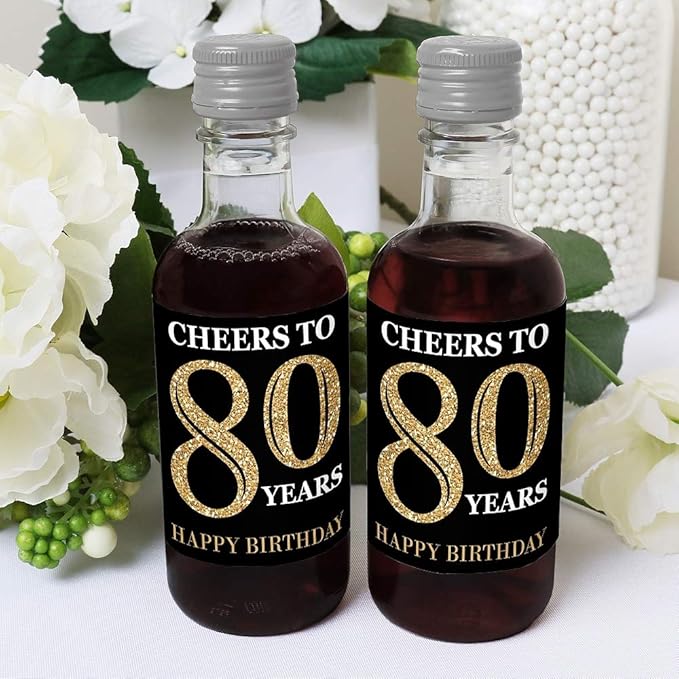 Big Dot of Happiness Adult 80th Birthday - Gold - Mini Wine and Champagne Bottle Label Stickers - Birthday Party Favor Gift for Women and Men - Set of 16