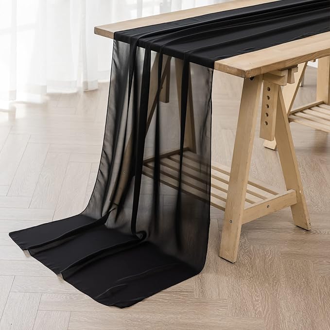 12Pack 9ft Chiffon Table Runner 14x108 Inch Sheer Romantic Table Runner for Wedding Birthday Party Bridal Shower Outdoor Decoration-Black