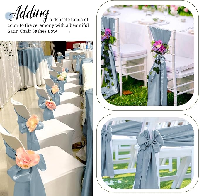 Pesonlook 60 PCS Dusty Blue Satin Chair Sashes Bows Satin Chair Sashes Universal Chair Cover for Wedding Reception Restaurant Event Decoration Banquet,Party,Hotel Event Decorations (7 x 108 inch)